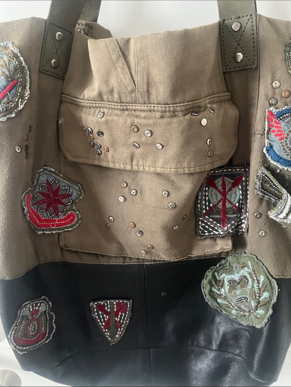 Free People Khaki and Black Patchwork Tote with Embroidered Patches - Picture 7 of 12